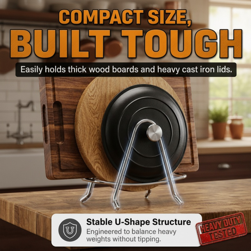 Stainless steel cutting board rack and pot lid holder for kitchen use - durable and space-saving.