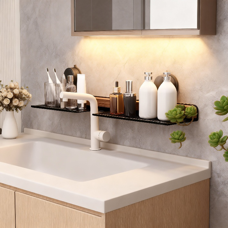 Walnut wood suction cup faucet shelf mounted above bathroom sink