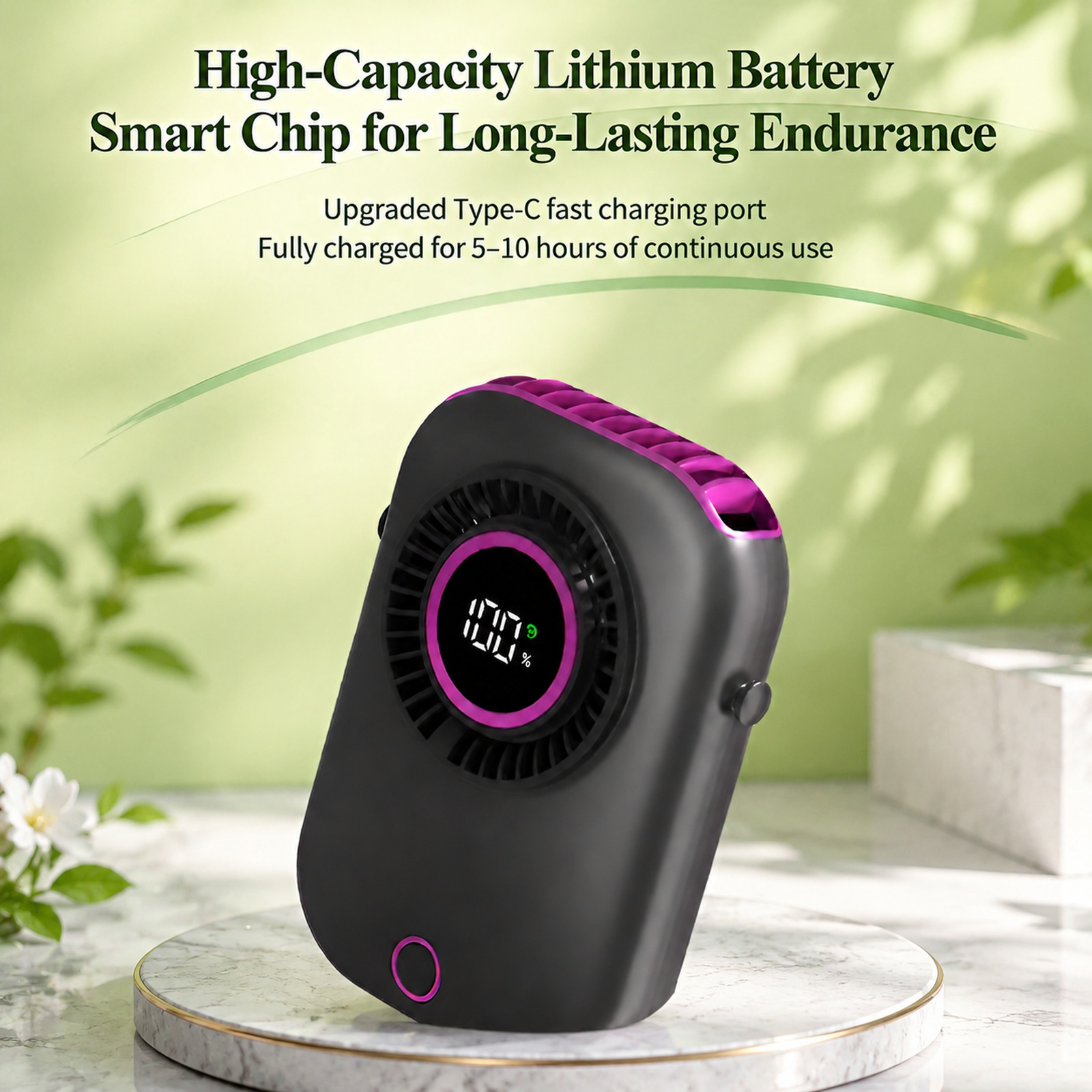 Portable Mini Neck Fan with Smart Digital Display, Lighting & 5 Adjustable Speeds
