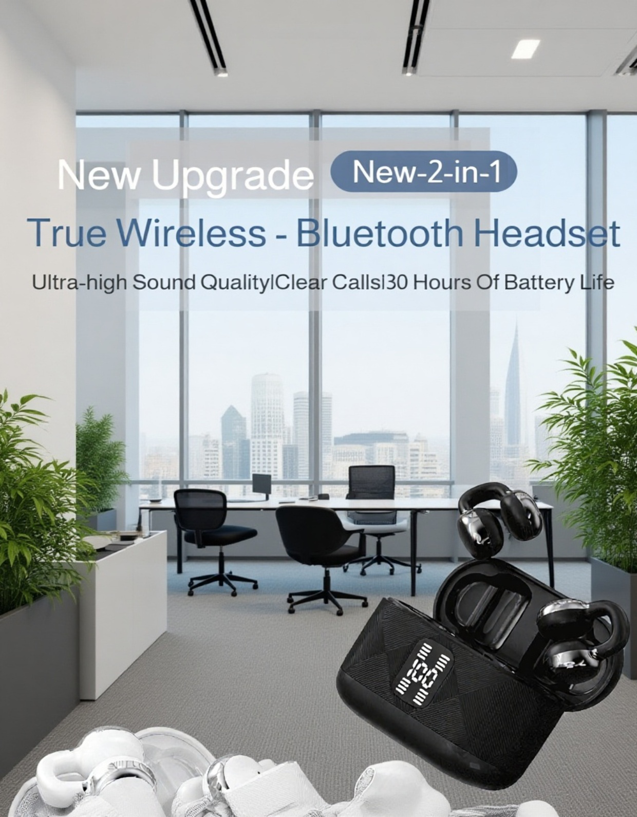 Two pairs half in-ear couple Bluetooth headphones on display