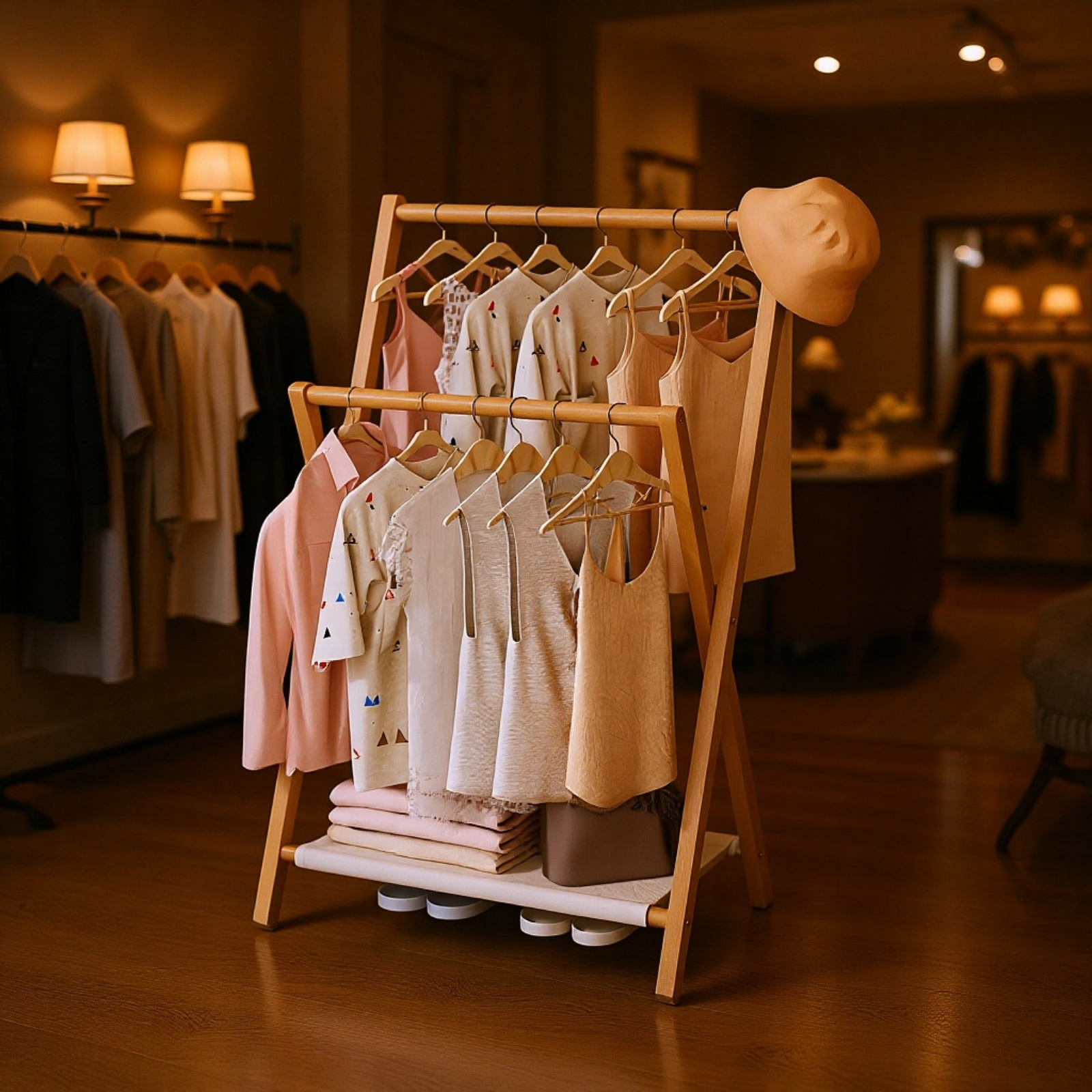 竹製折りたたみ室内ハンガーラック正面画像