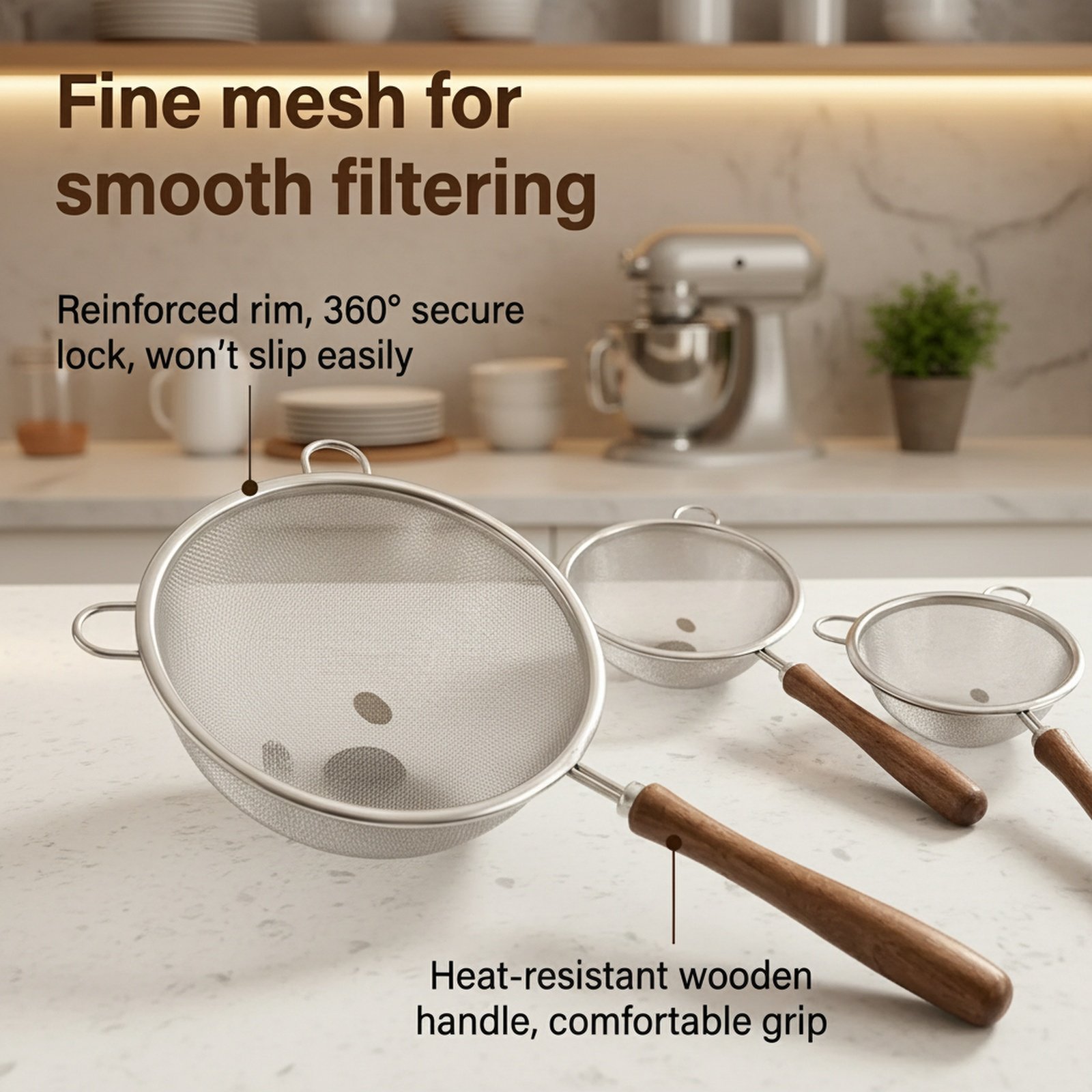 Multipurpose Fine Mesh Strainer, Wooden Handle Flour Sieve, Baking Kitchen Filter