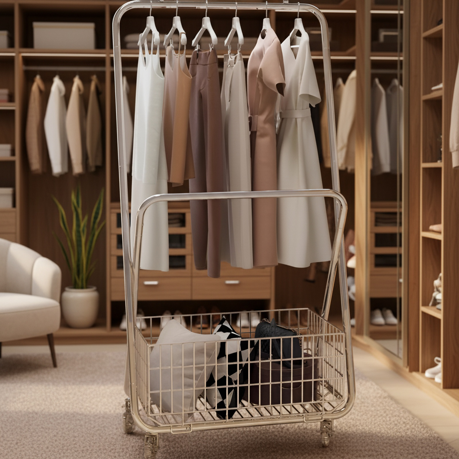 床置き洋服ラック フロアベッドルームコートラック 厚みのある金属製 キャスター付き バルコニー洋服ラック フレーム付き