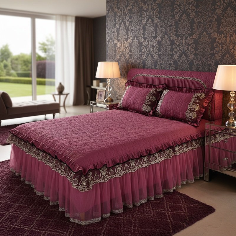 Full view of Cross Border Bed Skirt set with pillows