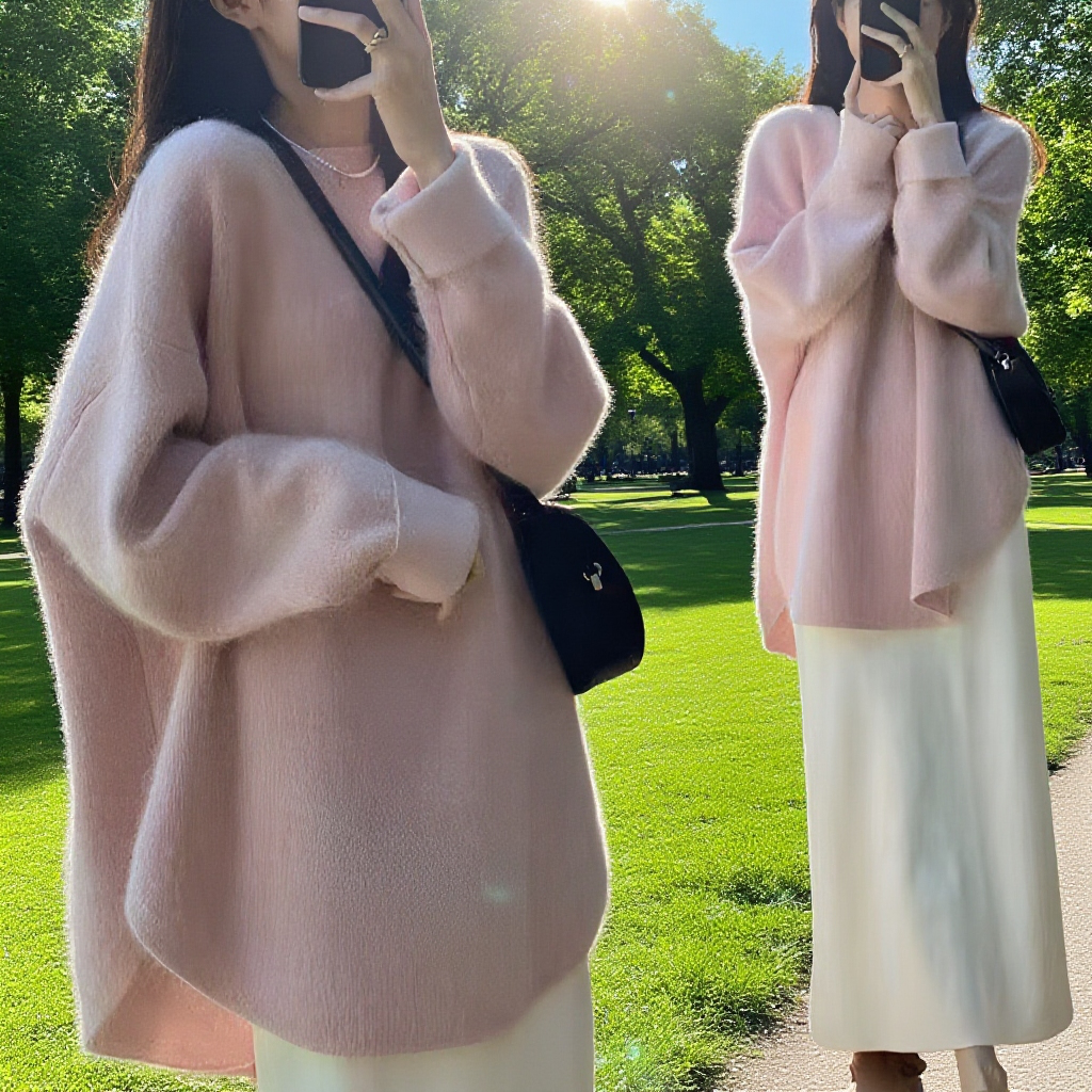 シンプル無地長袖クルーネックニットセーター