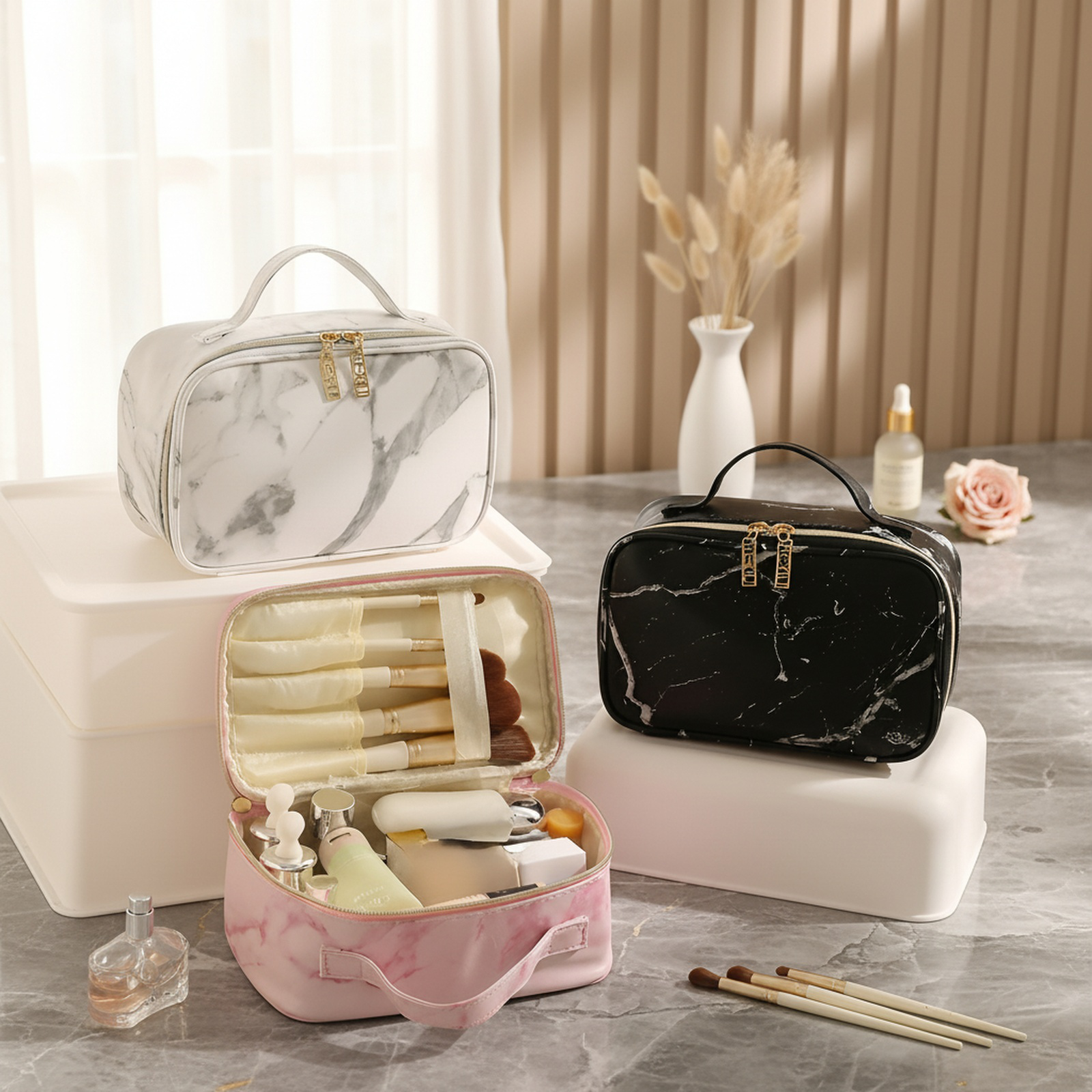 Large Travel Bag with Marble Pattern Makeup Pouch