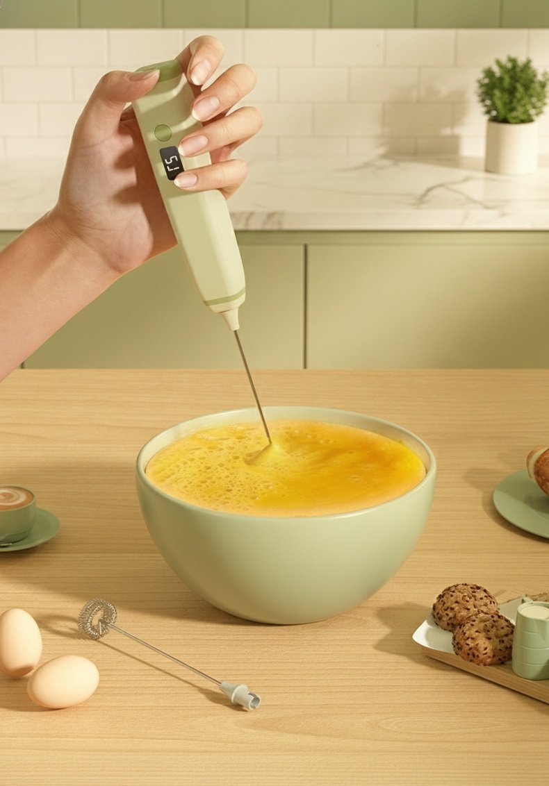 Espumador de leche eléctrico portátil en uso