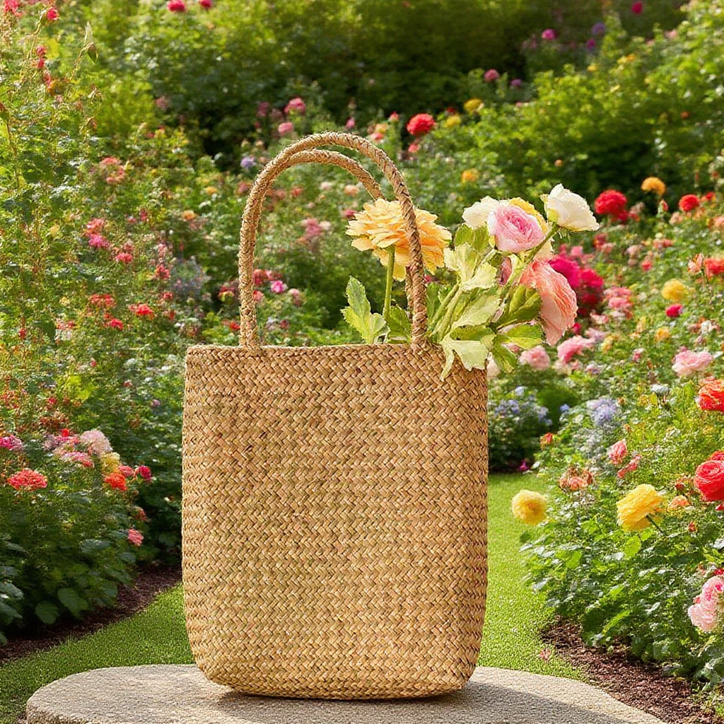  Čeřená ručně pletená taška z mořské trávy na květiny