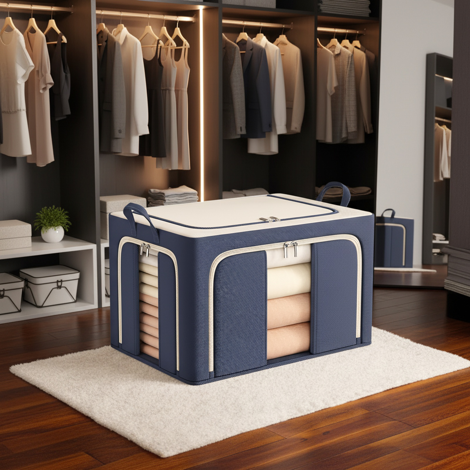 Dreiseitig zu öffnende faltbare Aufbewahrungsbox mit Stahlrahmen, ideal für Futons