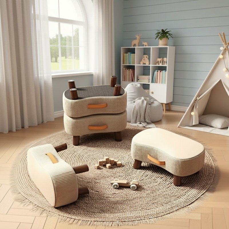 Wooden shoe changing stool by entryway with shoes