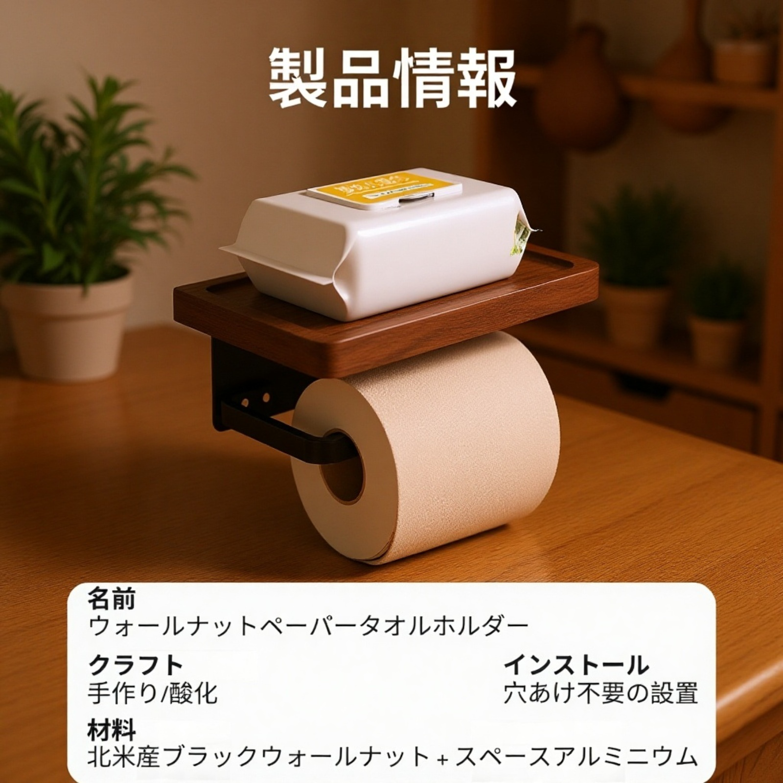  ウォールナット材バスルームペーパーボックス　穴あけ不要ティッシュラック