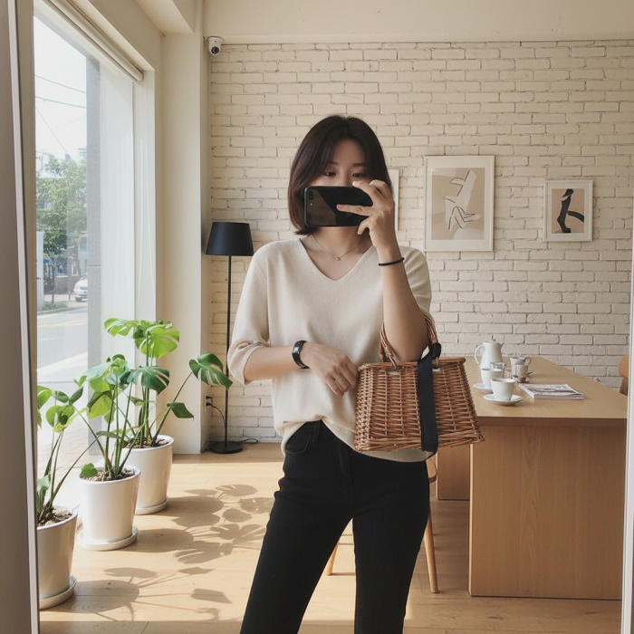 여성 이너 니트 반팔티 캐주얼 반팔 티 상의 순색 브이넥 반팔티