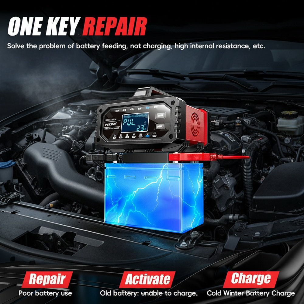 LCD Display Portable Multi-Function Battery Charger for Car Motorcycle Boat