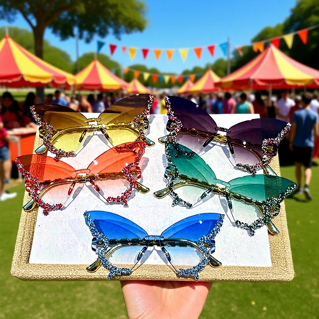 Gafas de sol sin marco con forma de mariposa y diamantes incrustados