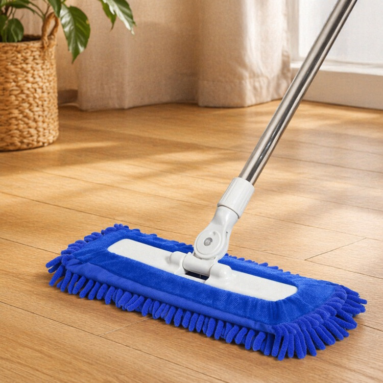 Household dust push mop with absorbent chenille fibers