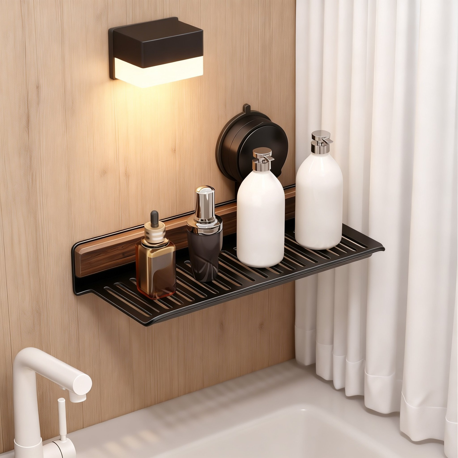 Wall Suction Cup Walnut Wood Washbasin Storage Shelf, No-Drill Bathroom Faucet Rack