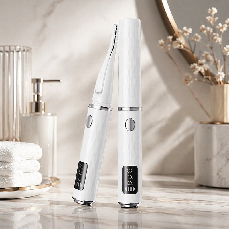Electric eyelash curler with three temperature settings and LCD screen display. This eyelash curling