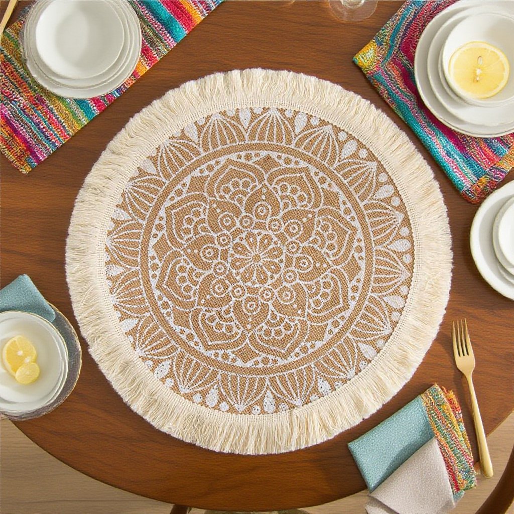 심플한 수제 짜임 원형 면 마 쿠션