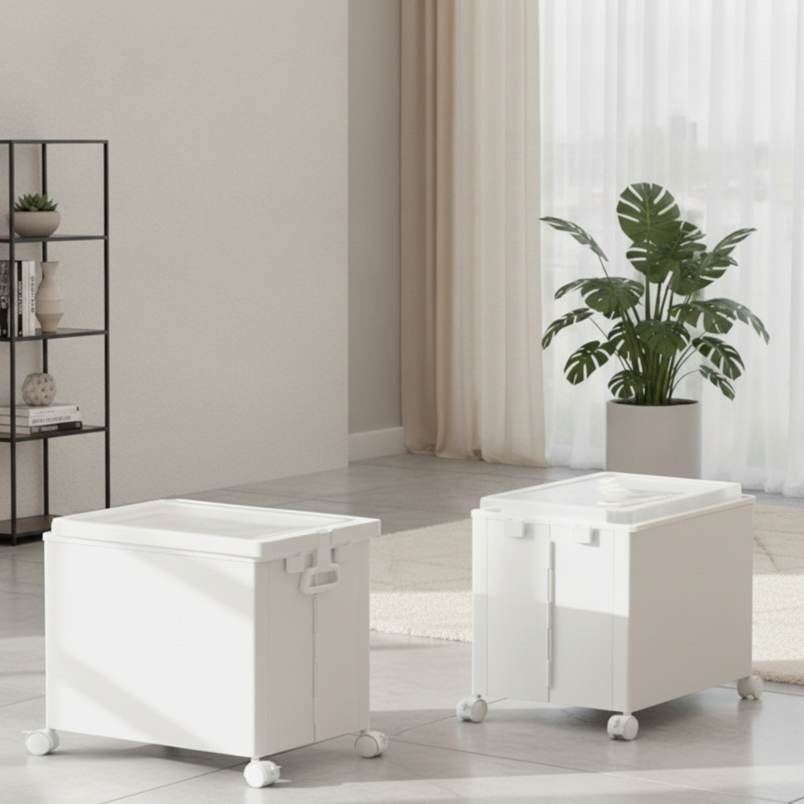 Portable under-desk trolley with wheels and lid for storing books, snacks, and other items; a foldab