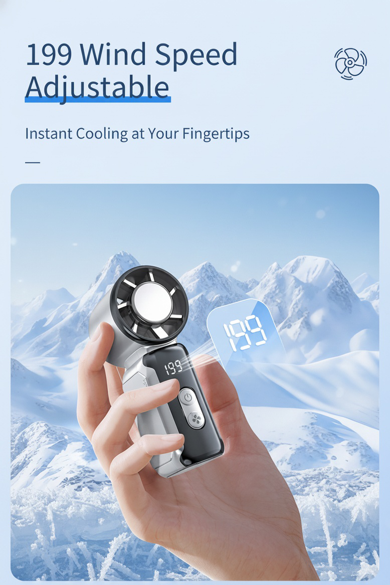 Compact USB fan showing digital display screen