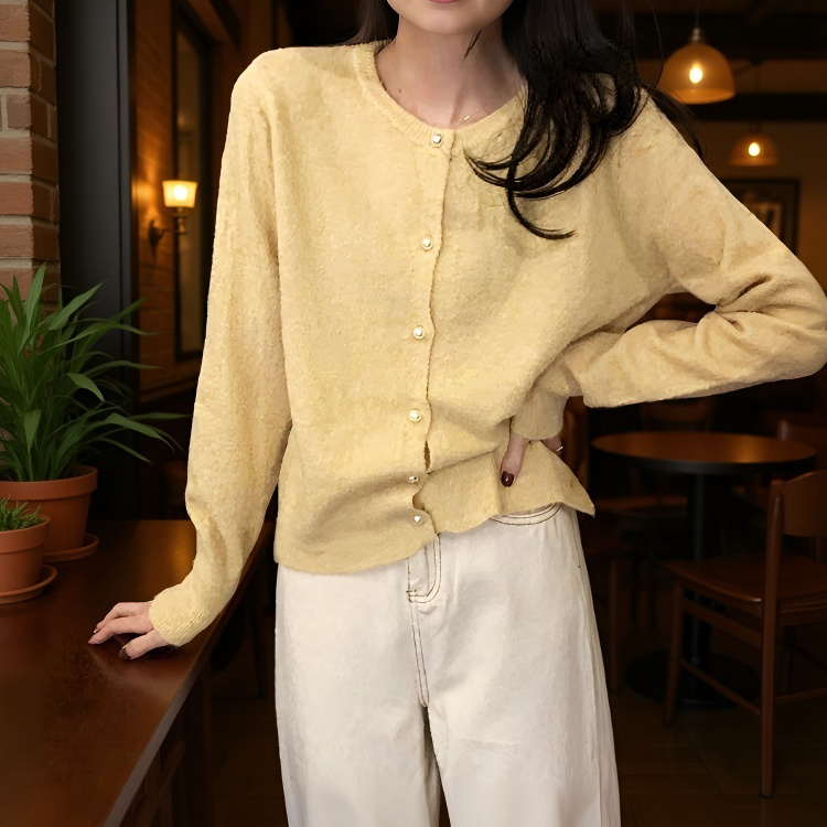 여성 니트 가디건 긴팔 솔리드 상의 진주 버클 여성 봄가을 라운드 니트 가디건 부드러운 니트 코트