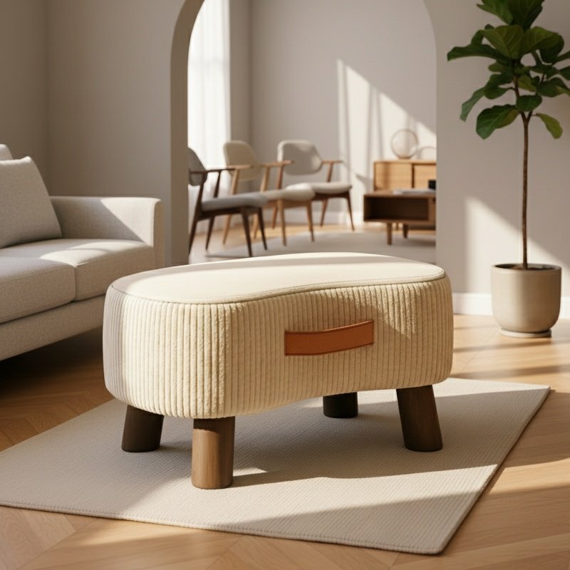 Compact wooden stool used as extra seating
