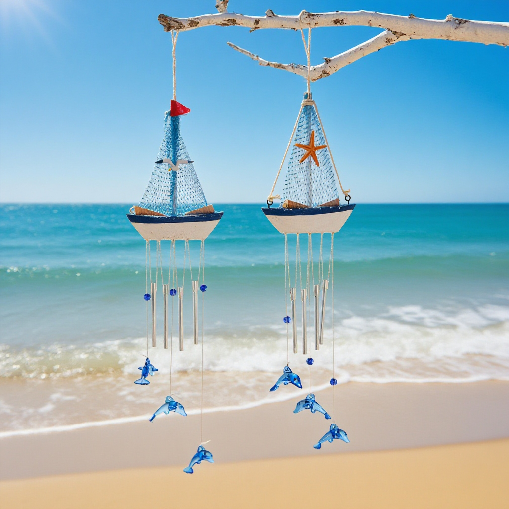 地中海風の風鈴、クリエイティブな風鈴、ボート、家庭用帆船の装飾、木製帆船模型、小型木製ボートの空中ペンダント