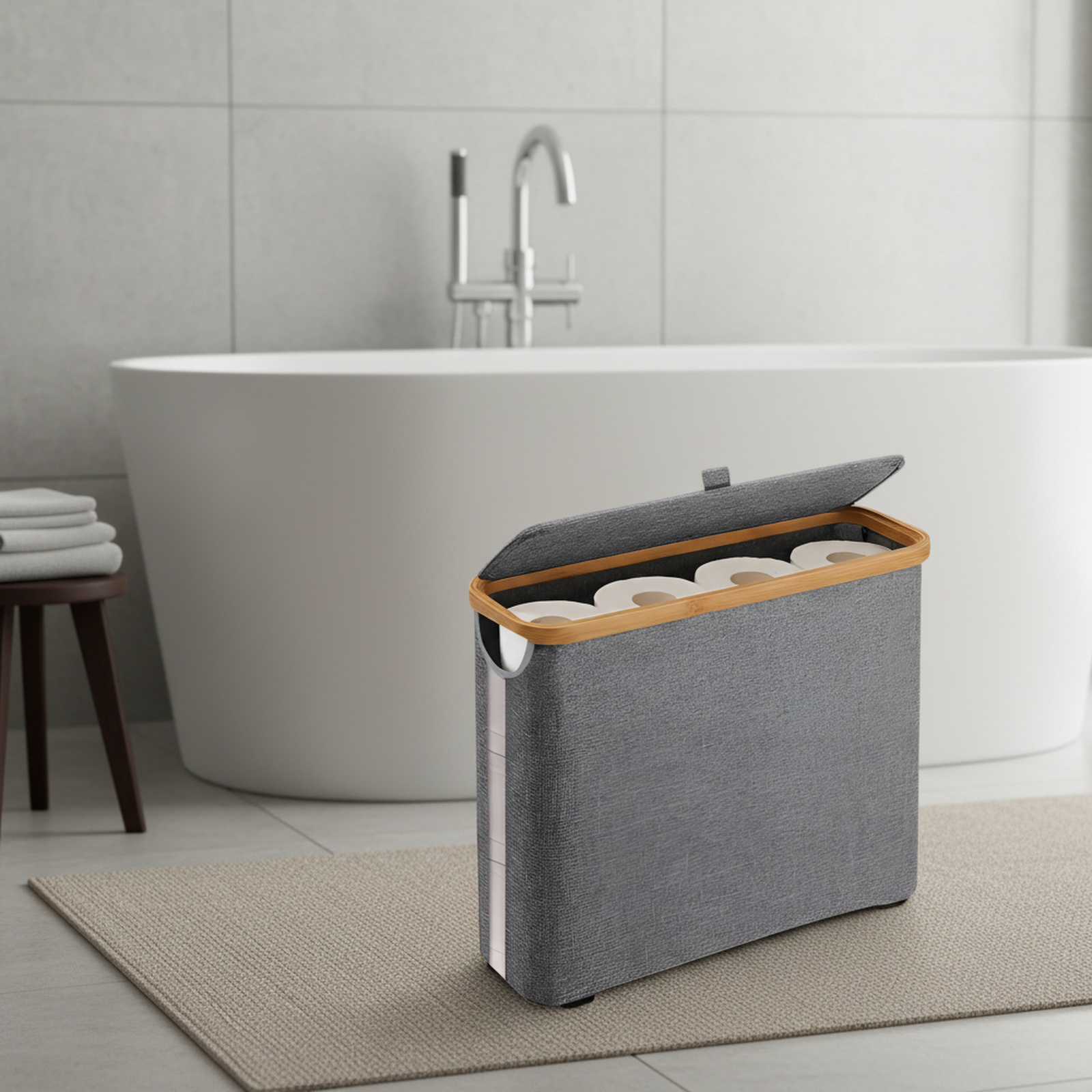 Visual toilet paper storage box in modern bathroom