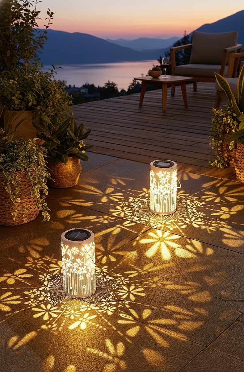 Solar Gartenleuchte mit Libellenmotiv bei Nacht