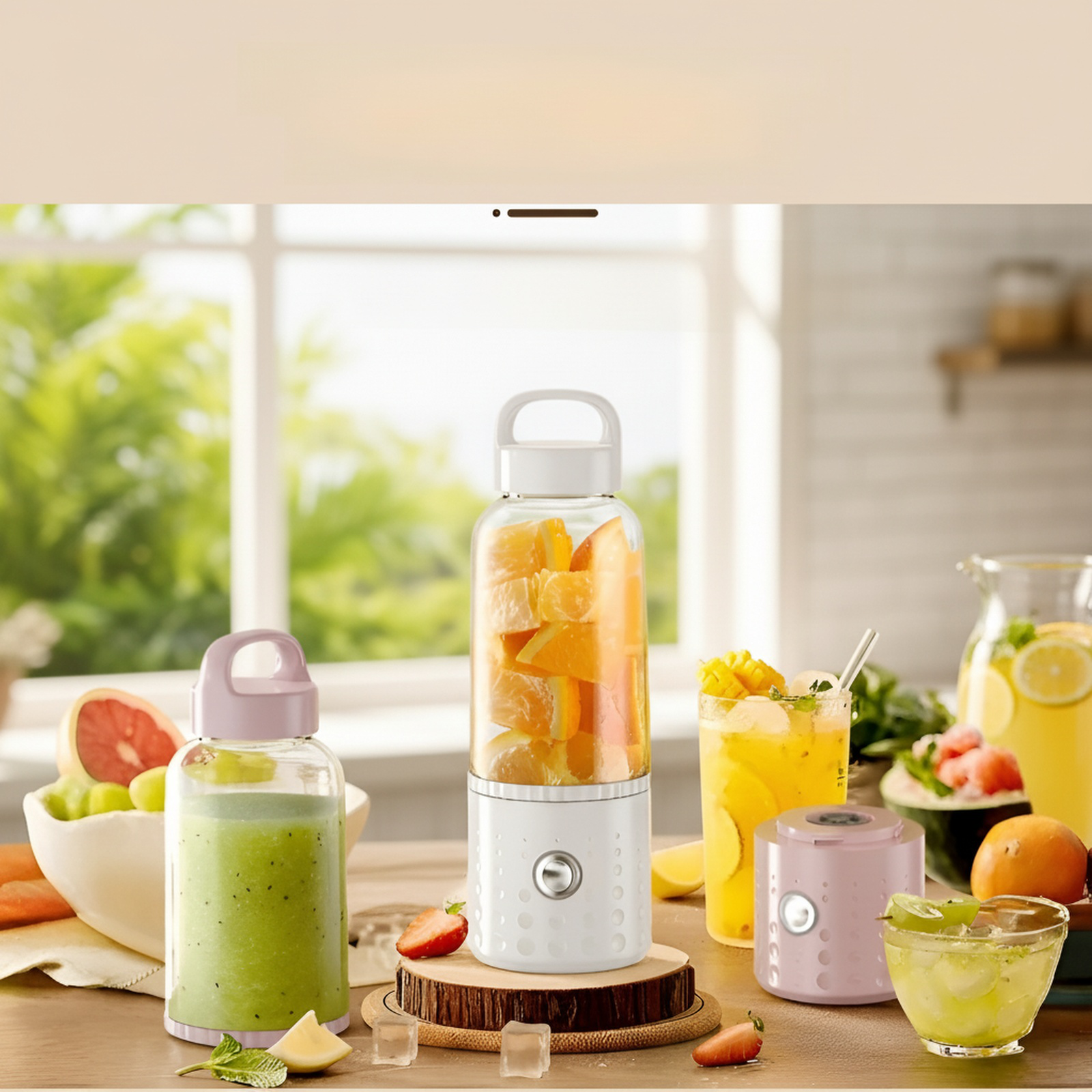 Close-up of automatic portable juicer cup blending fresh fruits