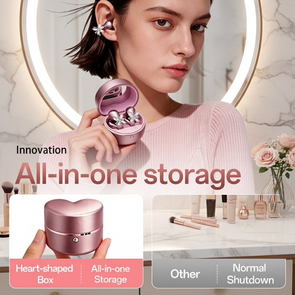 High-value wireless Bluetooth earbuds with butterfly ear clips, heart-shaped charging case, and make
