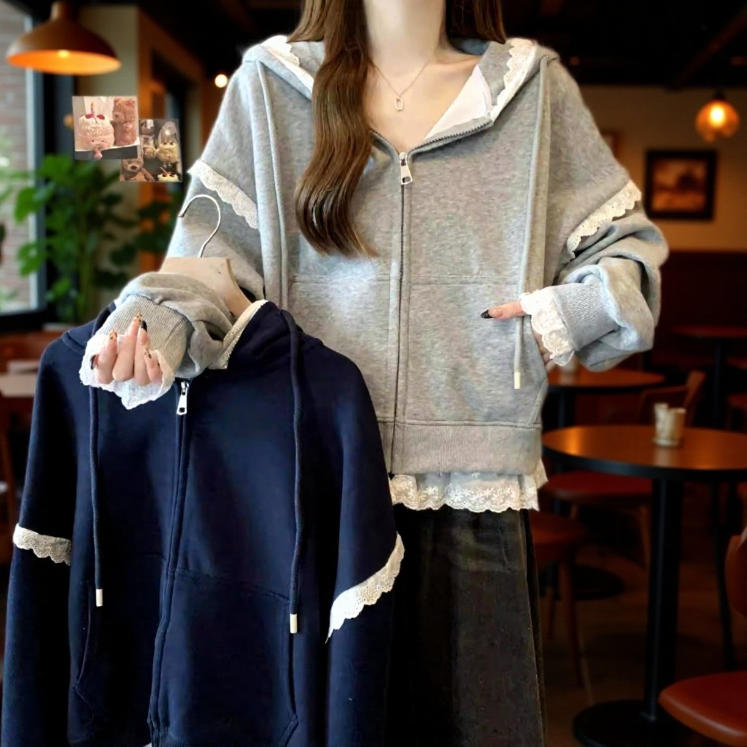 ヨーロッパ風レースフード付きパーカー・大きいサイズ・スリム効果・春秋新作