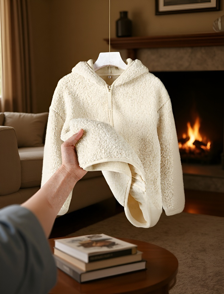 女性用やさしいミルキーホワイト厚手フリースパーカー正面