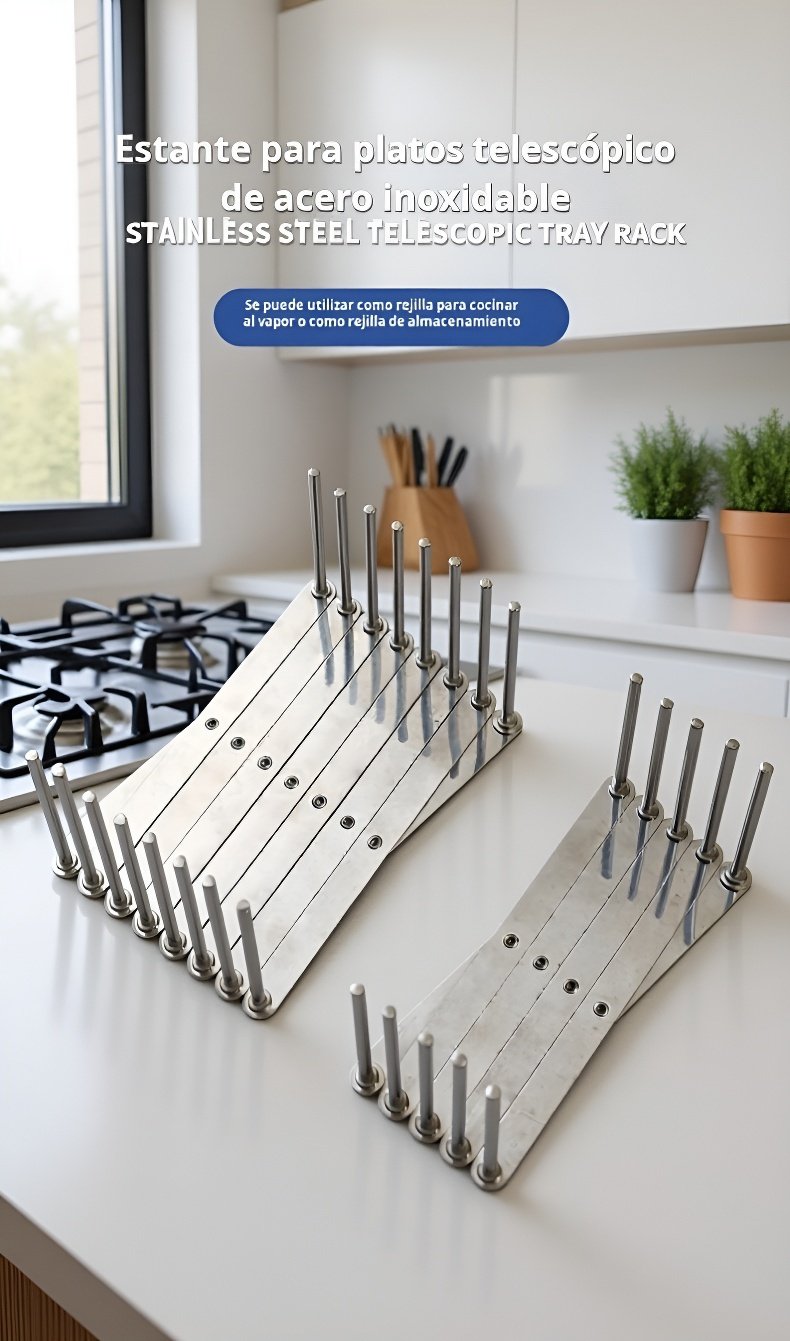 Estante de cocina extensible de acero inoxidable para platos y tazones