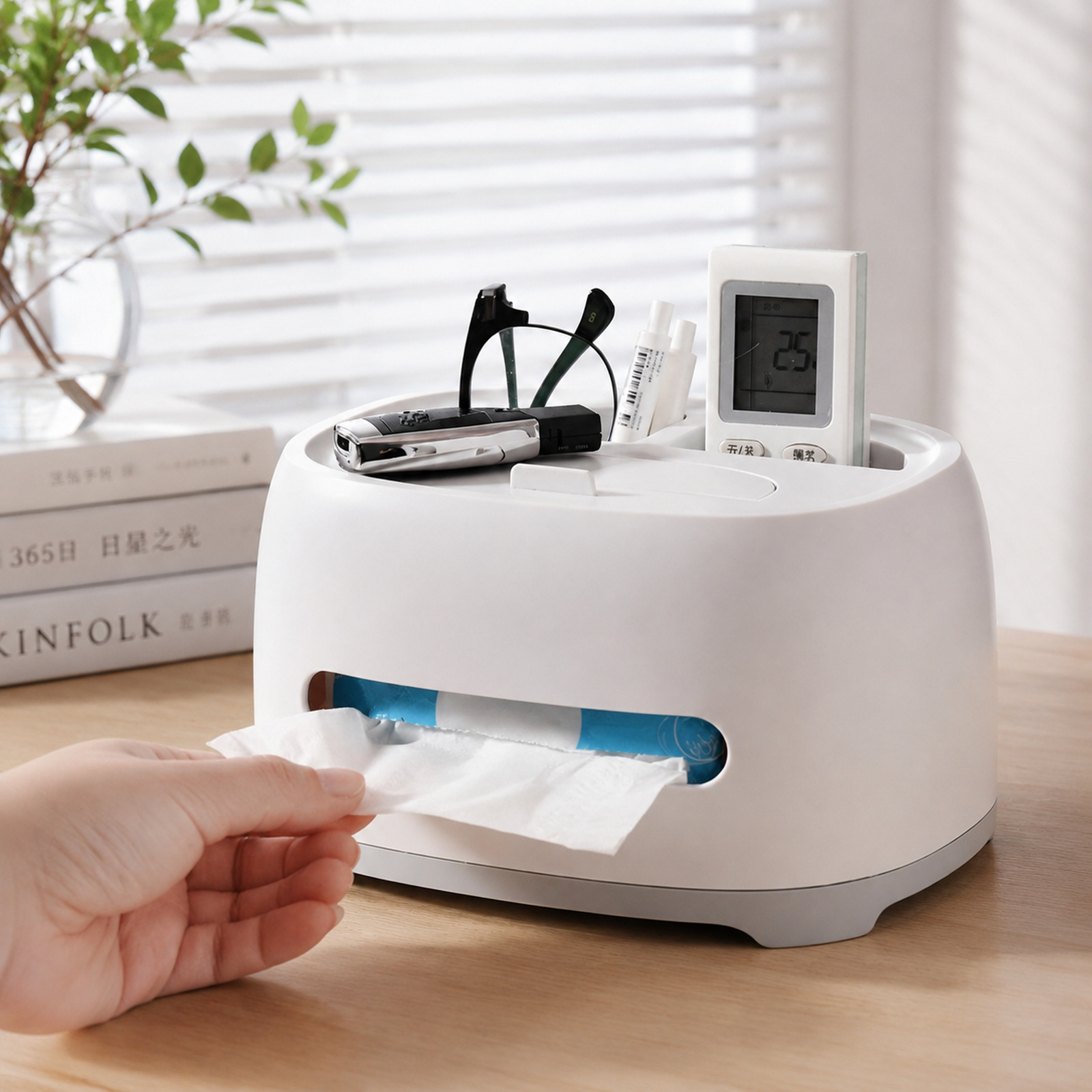 Modern tissue box organizer with storage compartments