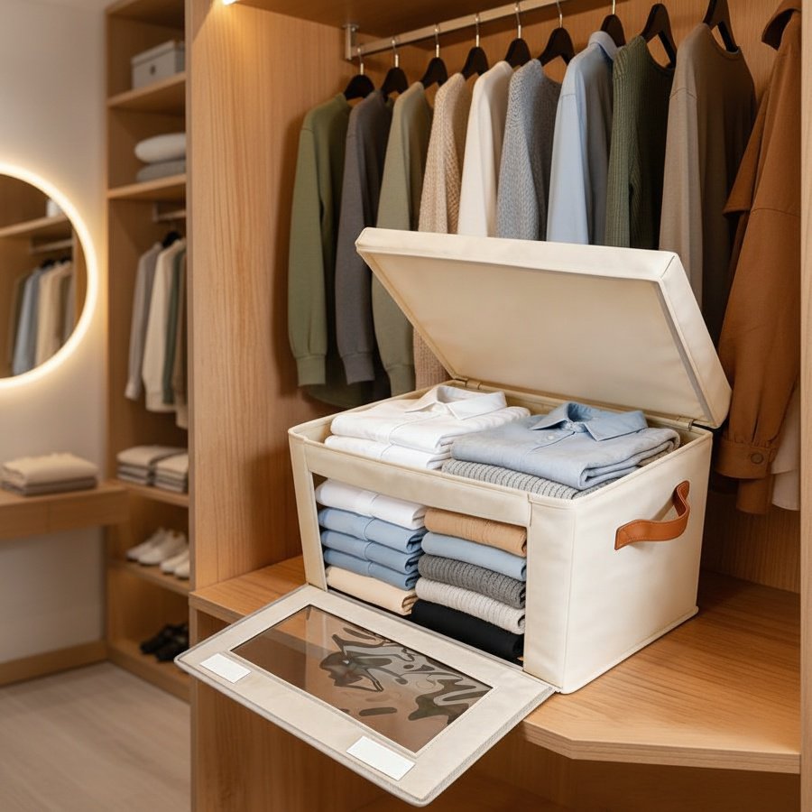 Side-opening fabric folding storage box with lid and transparent window, wardrobe clothing organizer