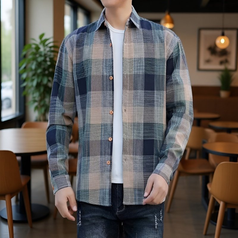 Camisa chaqueta de franela gruesa a cuadros de manga larga informal