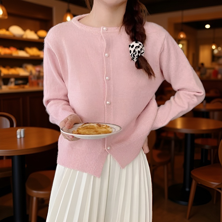 여성 니트 가디건 긴팔 솔리드 상의 진주 버클 여성 봄가을 라운드 니트 가디건 부드러운 니트 코트
