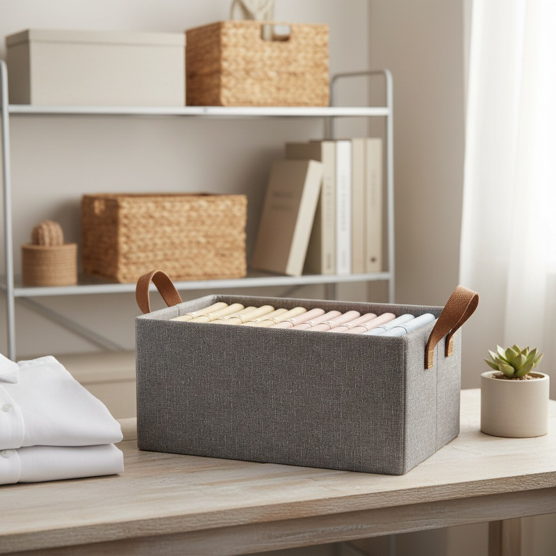 Foldable Clothes Storage Box in use in a closet