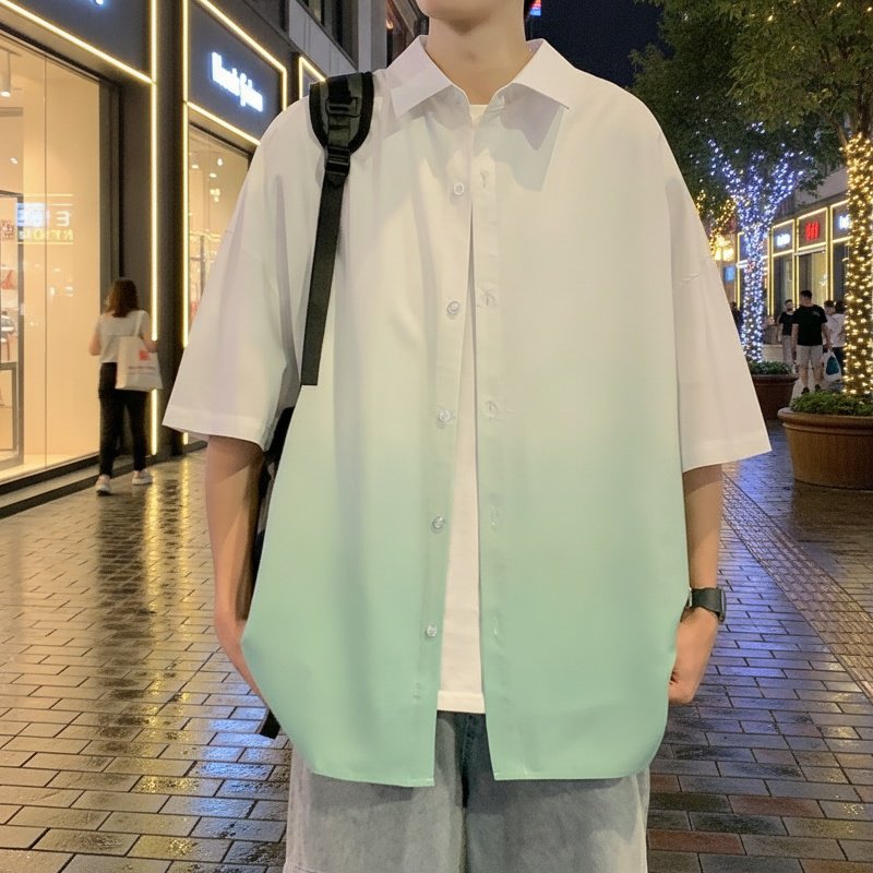 アイスシルク素材のゆったりとしたメンズグラデーション半袖シャツ