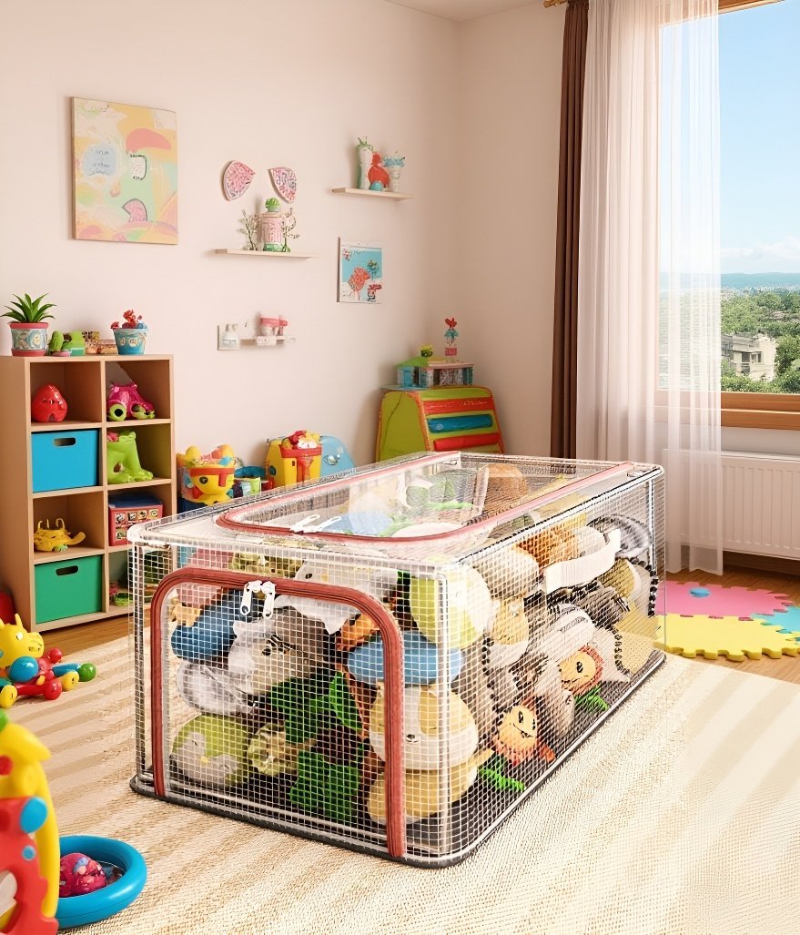 Detalle de malla resistente en caja de almacenamiento