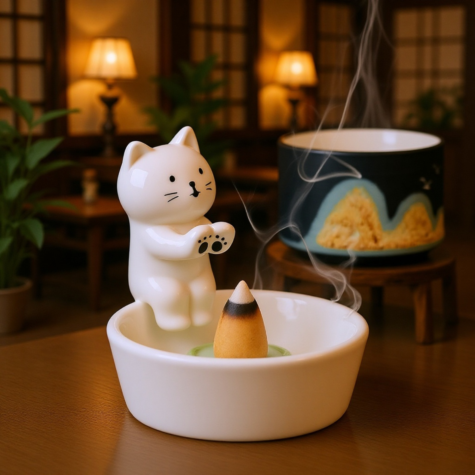 オフィスデスクに置いた猫型線香炉