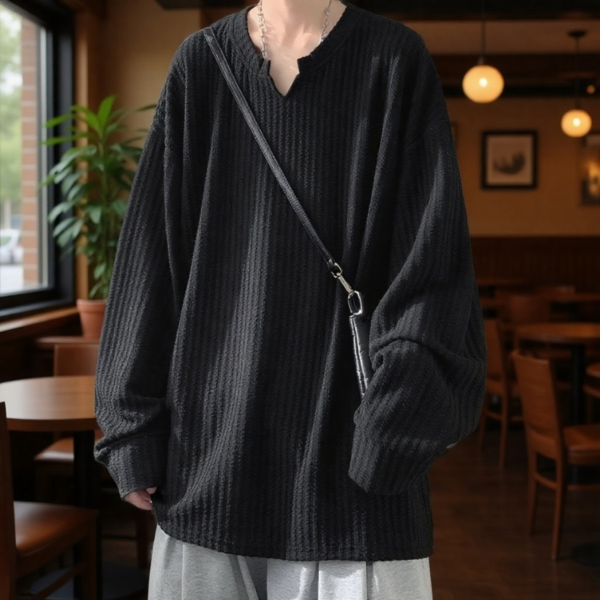 痞帅スタイルゆるめ長袖Tシャツ着用イメージ