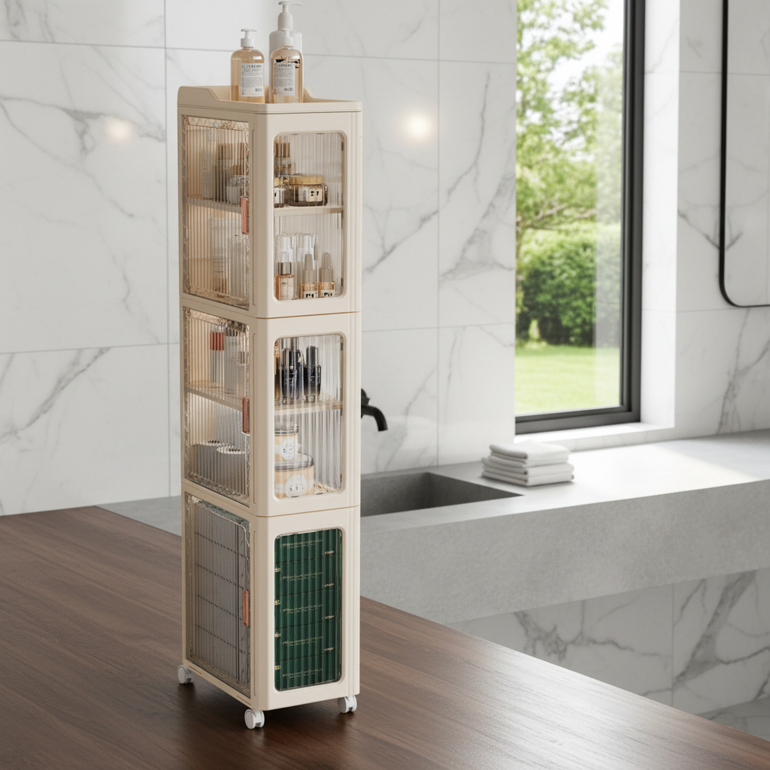 Étagère de rangement mobile pour salle de bain, ouverture et fermeture