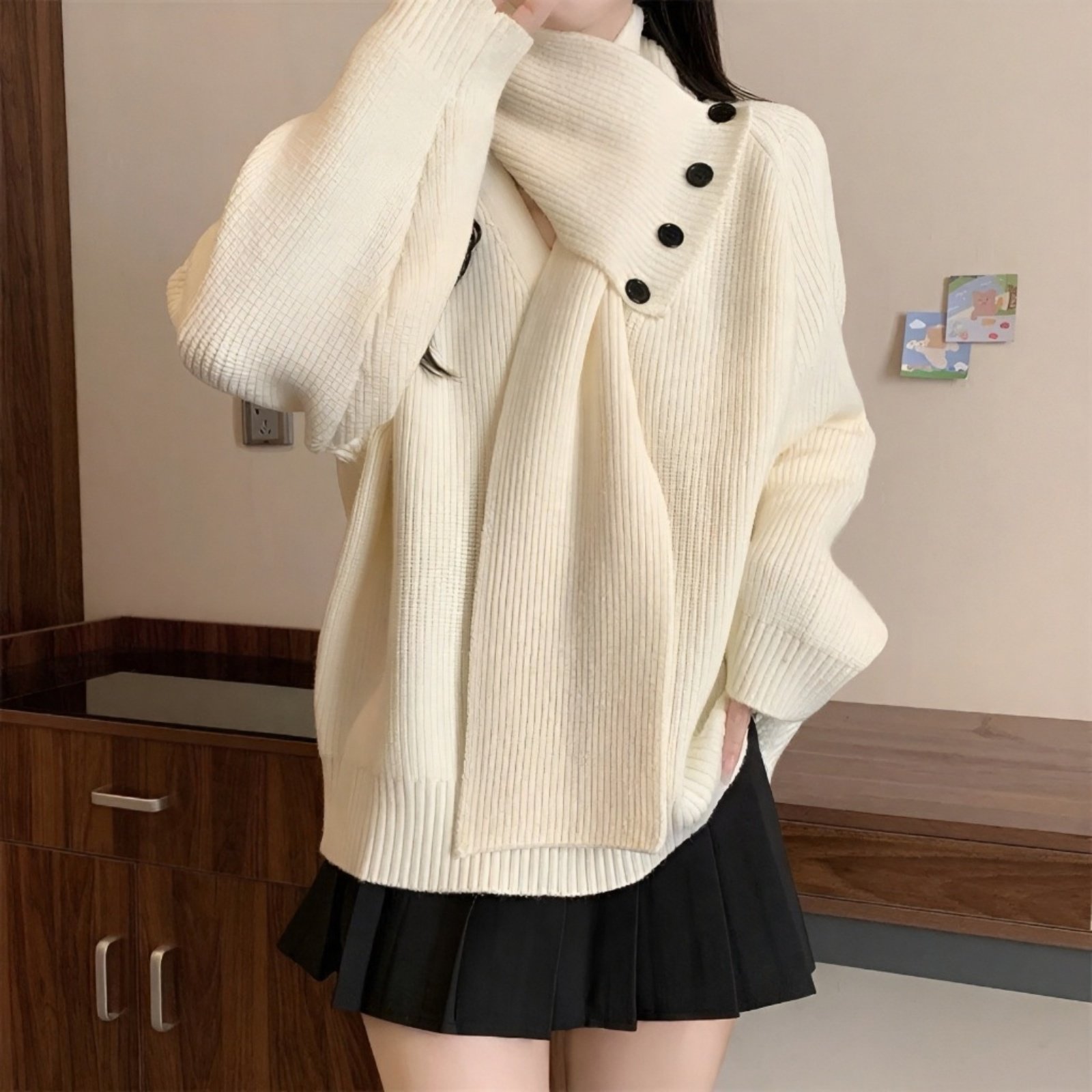 取り外し可能なスカーフデザインVネックレディースニット 秋冬新作