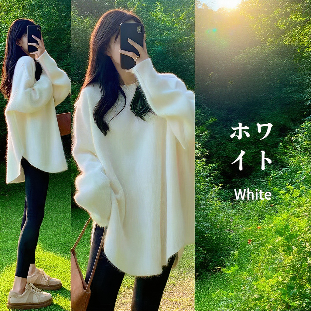 シンプル無地長袖クルーネックニットセーター