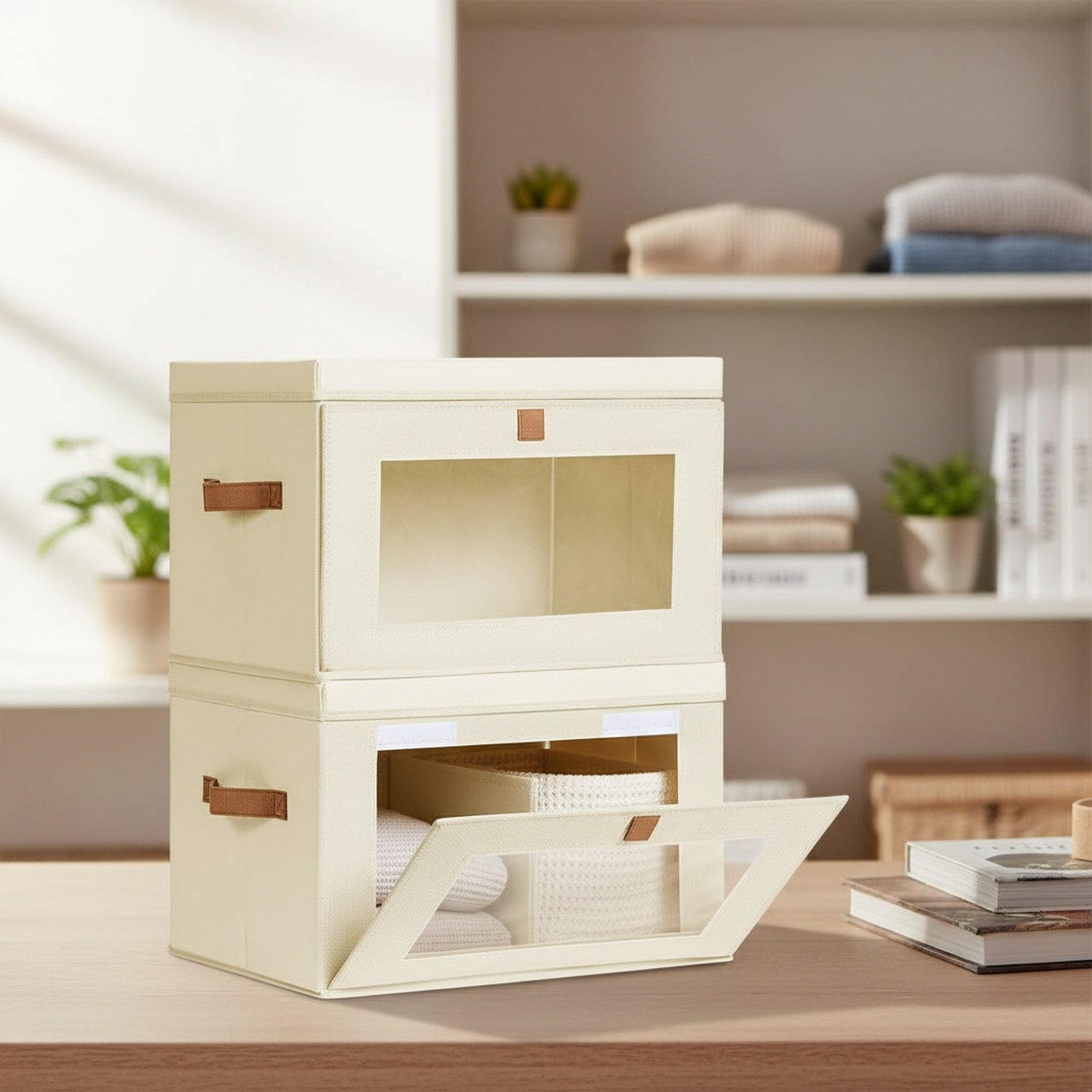 Side-opening fabric folding storage box with lid and transparent window, wardrobe clothing organizer