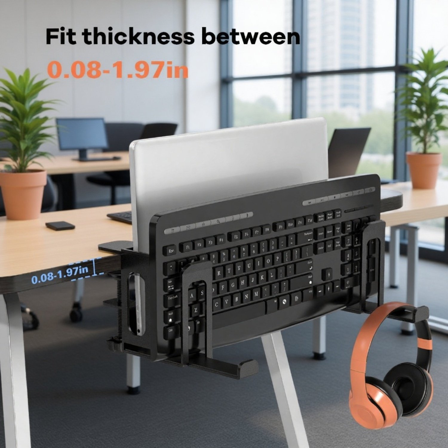 Detalle del soporte para auriculares en el soporte para portátil