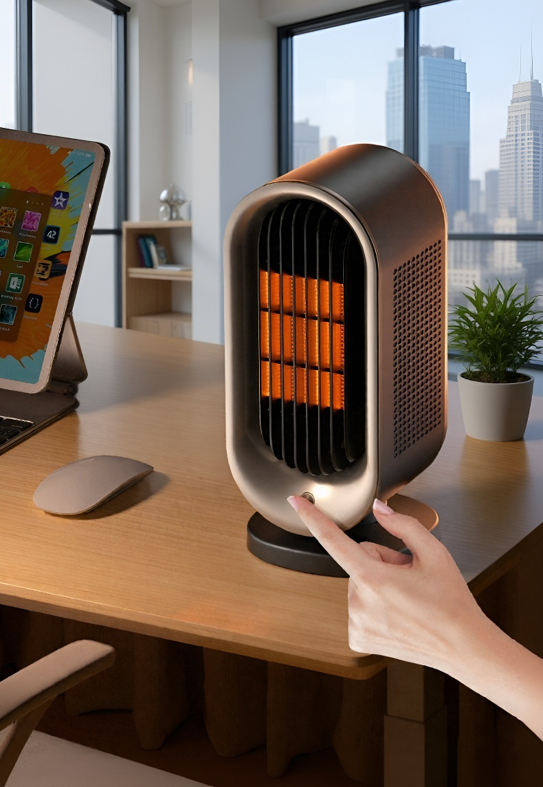Calefactor eléctrico portátil junto a estación de trabajo