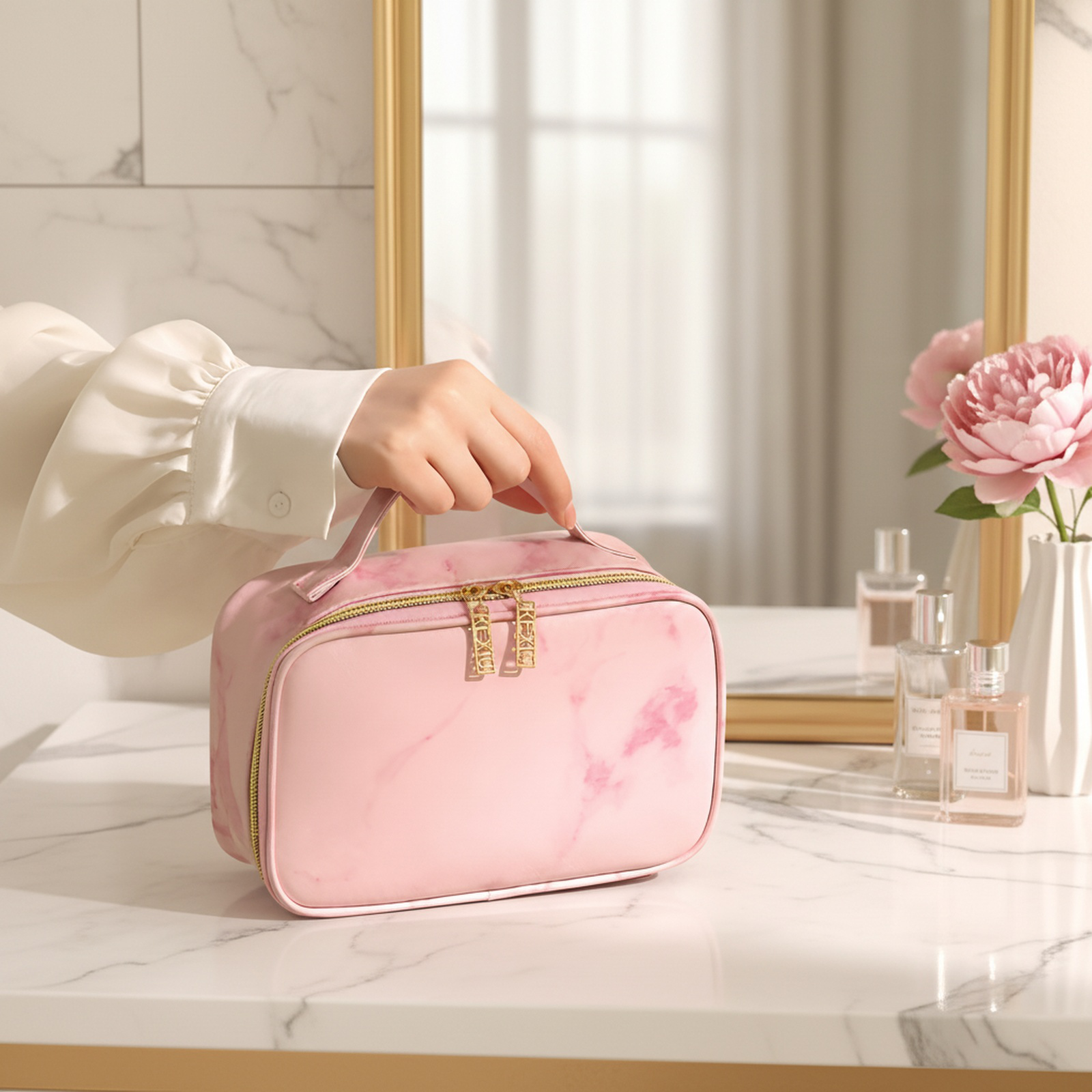 Large Travel Bag with Marble Pattern Makeup Pouch